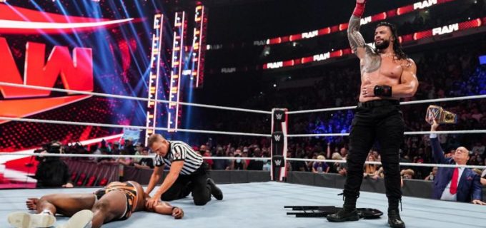 【WWE】ユニバーサル王者レインズが新旧WWE王者ビッグE、ラシュリーとのトリプルスレット戦を制す
